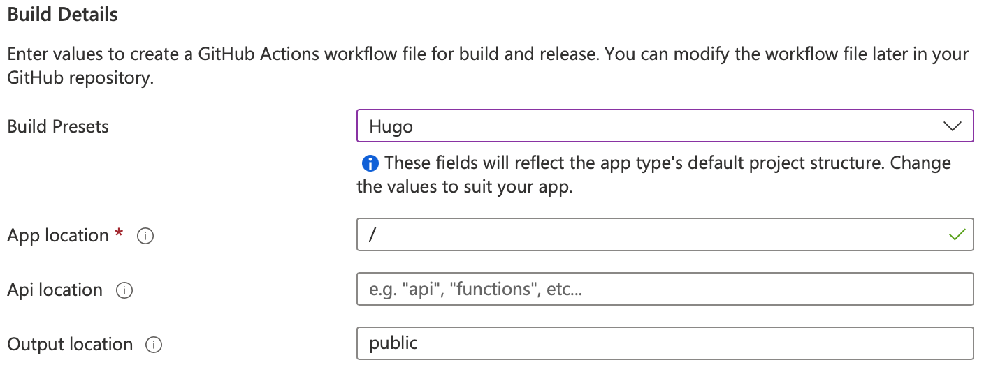 Selection of Hugo build template for GitHub Workflows during Azure Static Web Apps setup.
